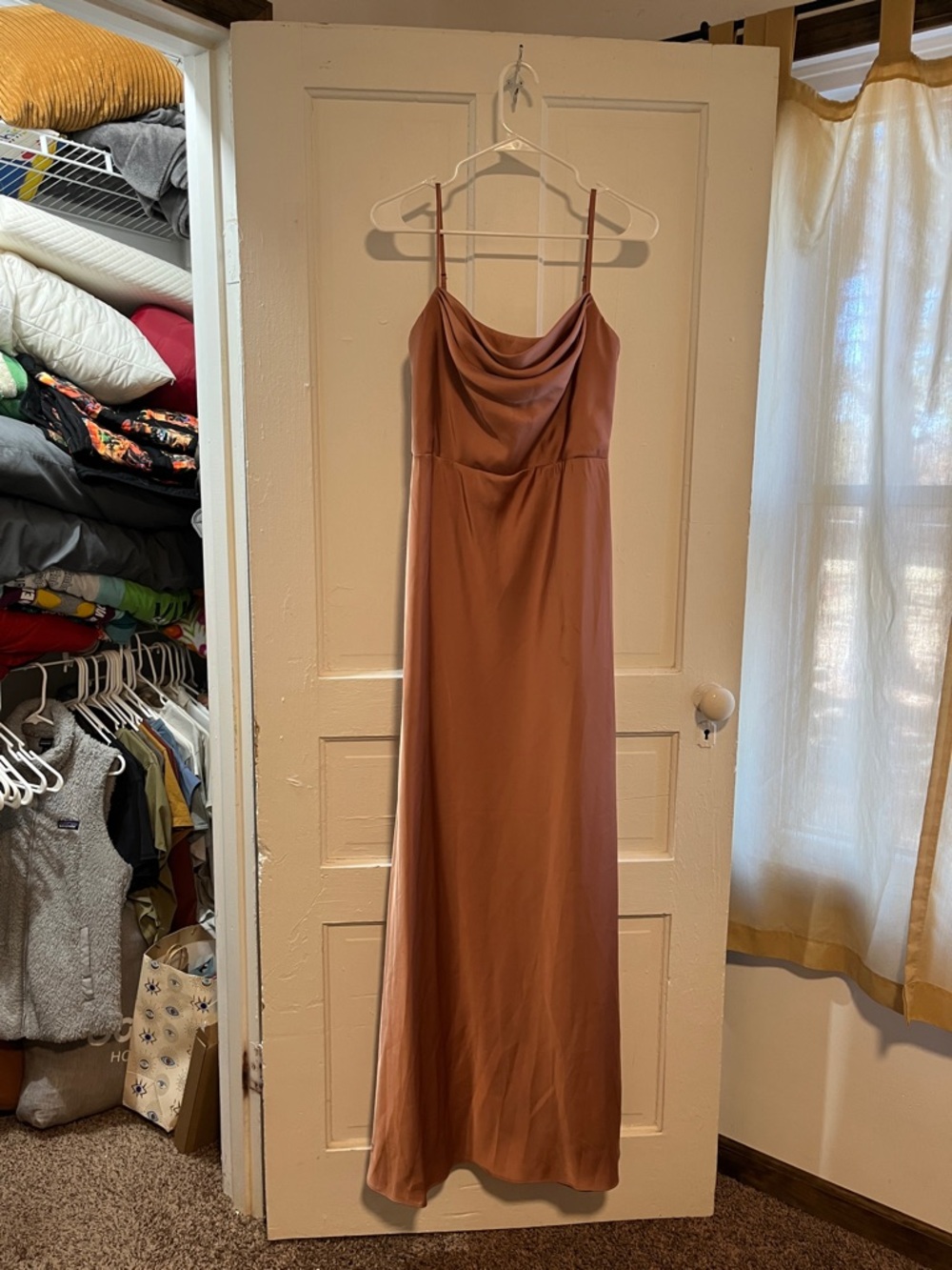 Azazie Satin Cowl Neck Slip Dress in Bronzer Size A10